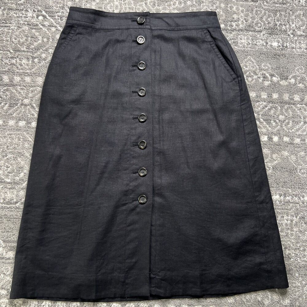 Ann Taylor Linen Blend Button Down Midi Skirt 12P Black Office Classic Cottage